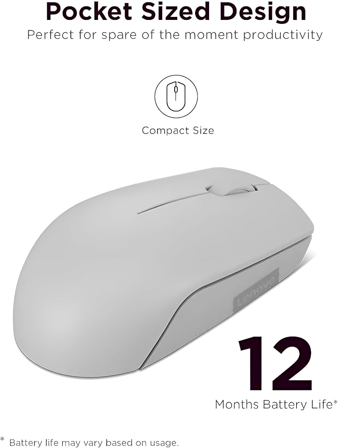 Compact wireless mouse design with 12-month battery life for portable productivity and efficiency
