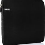 Black laptop sleeve from Amazon Basics with a zipper closure, suitable for protecting devices from scratches and minor impacts