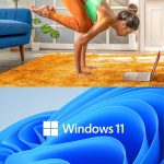 Person practicing yoga pose at home with a laptop nearby, Windows 11 logo below
