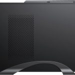 Sleek black PC case with perforated side panel and modern design, suitable for custom builds and efficient airflow