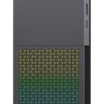 Sleek gaming PC tower with vibrant RGB lighting on a modern geometric patterned front panel