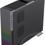 Sleek black gaming PC case with RGB front panel, USB ports, and ventilation design