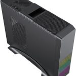 Sleek black PC case with rainbow LED front panel, featuring top ventilation for efficient cooling