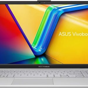 ASUS Vivobook laptop with colorful display screen, sleek silver design, full keyboard, and vibrant graphics for creative use