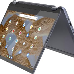 Convertible Chromebook in tent mode displaying app icons on screen. Perfect for versatile use and productivity