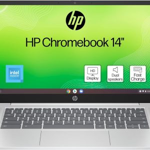 HP Chromebook 14 with Intel Inside, featuring HD display, dual speakers, and fast charge technology