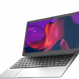 Silver laptop with vibrant display, open to a colorful abstract design, showcasing a sleek, modern look for tech enthusiasts
