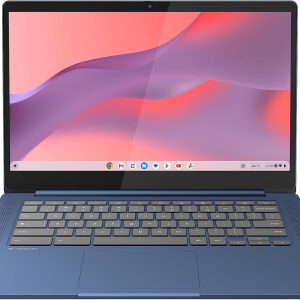 Blue Lenovo laptop with open sleek design, showing a vibrant screen and keyboard. Perfect for productivity and portability