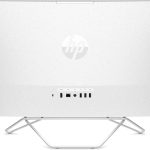 Back view of a white HP desktop monitor with logo and multiple ports visible, showcasing its sleek design