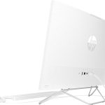All-in-one white HP computer with wireless mouse and keyboard, rear view showing ports and sleek design