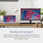 Compact Dell monitor on desk, saving space with sleek design and vibrant display. Ideal for efficient workspace setup