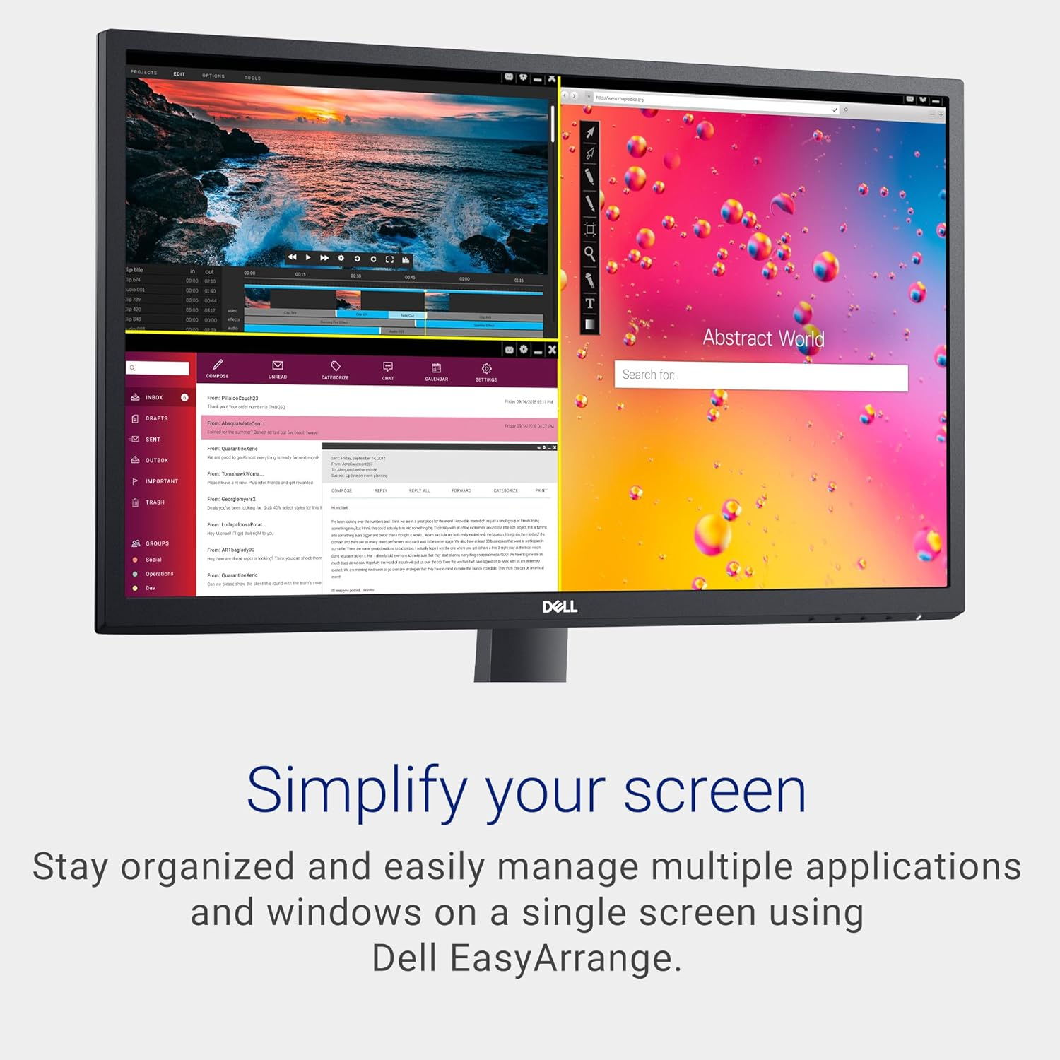 Computer screen displaying multiple applications with Dell EasyArrange for improved multitasking efficiency