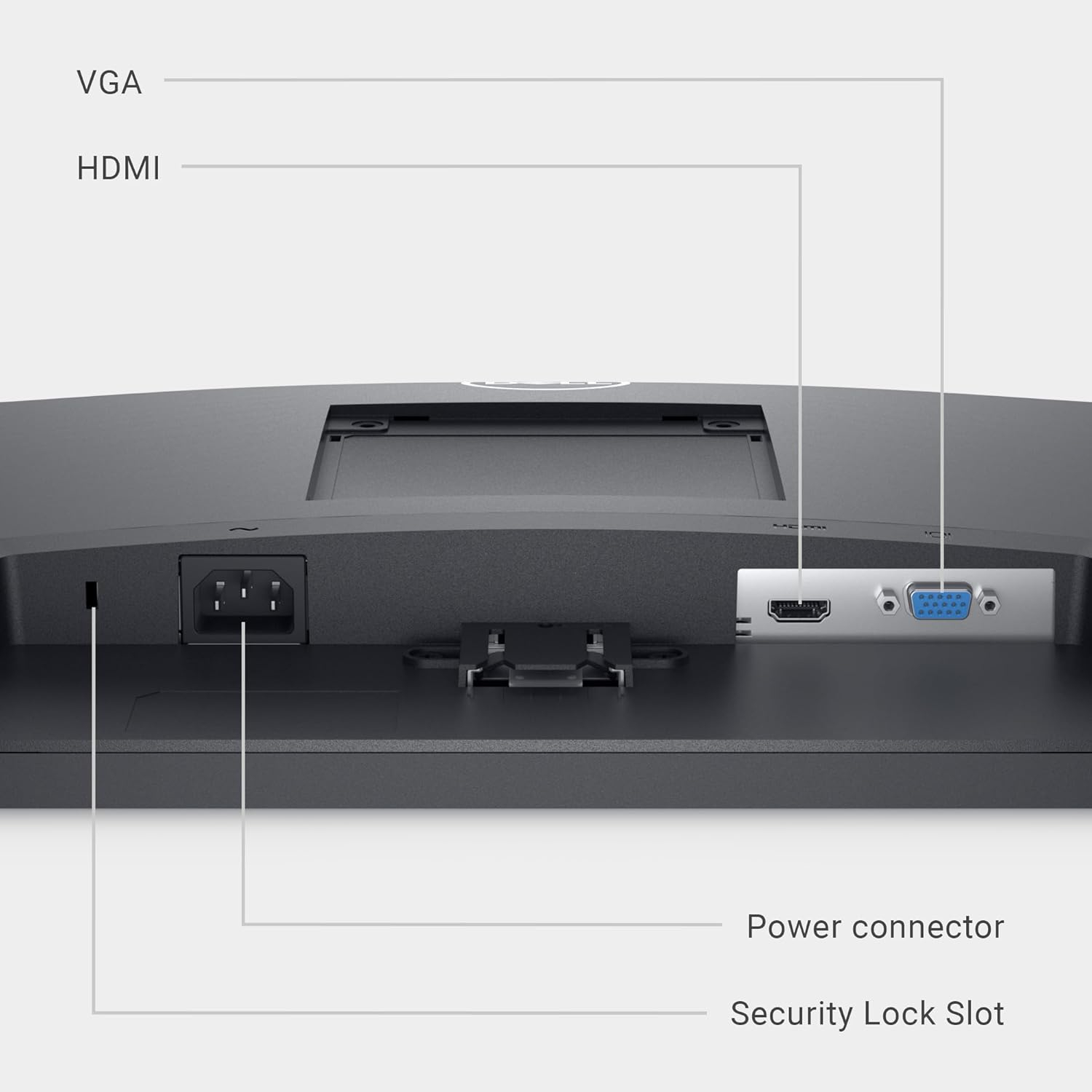 Back of a monitor showing VGA, HDMI ports, power connector, and security lock slot for cable management