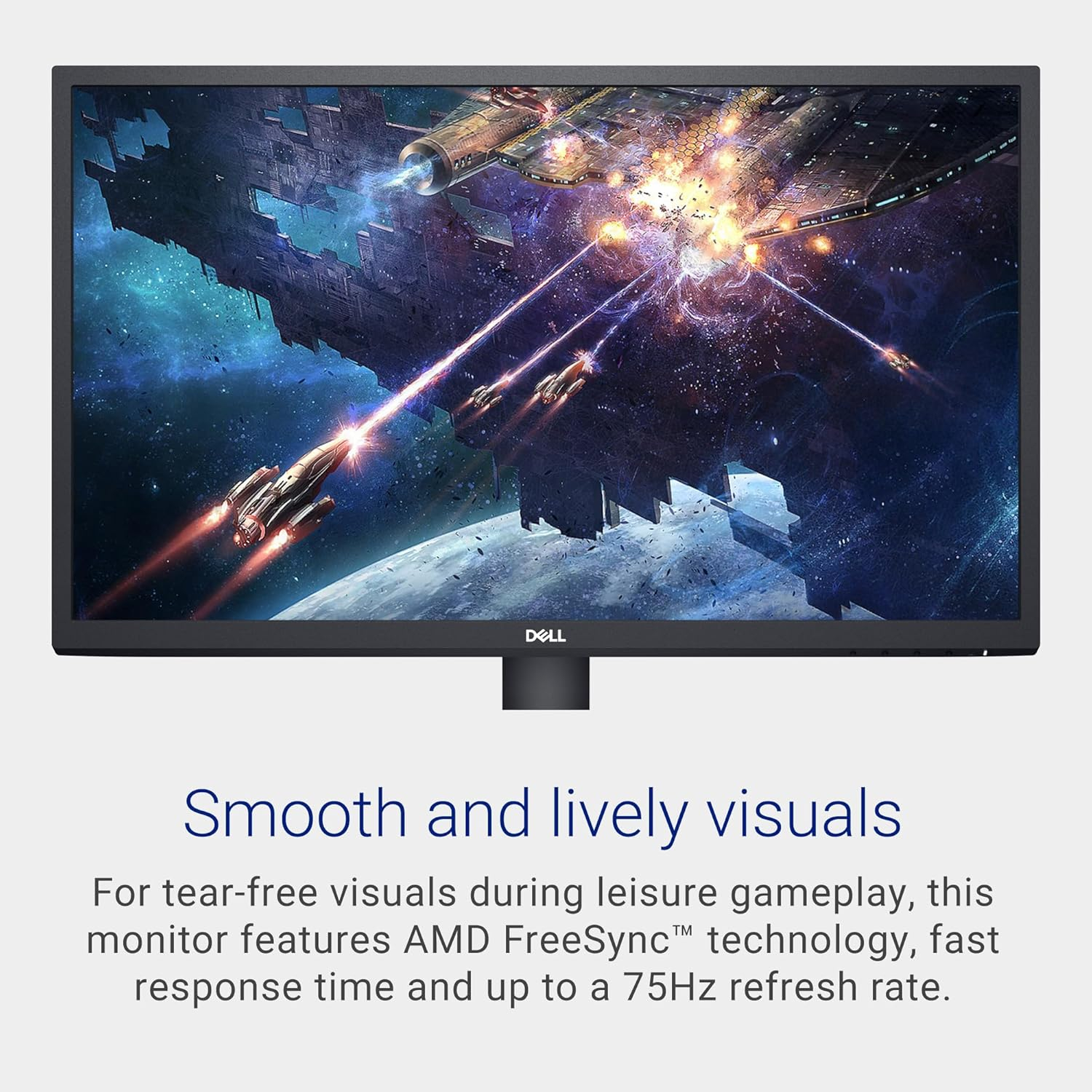 Dell monitor with AMD FreeSync technology, featuring smooth gaming visuals and fast response time, 75Hz refresh rate