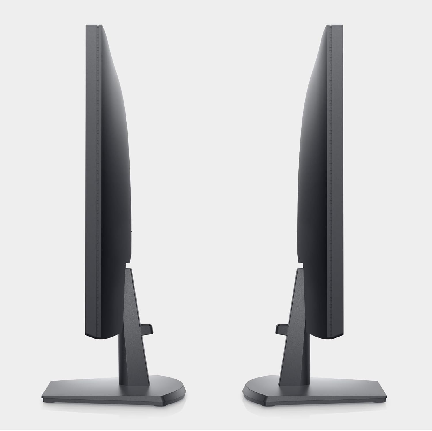 Side view of two sleek computer monitors on stands, facing each other, against a white background