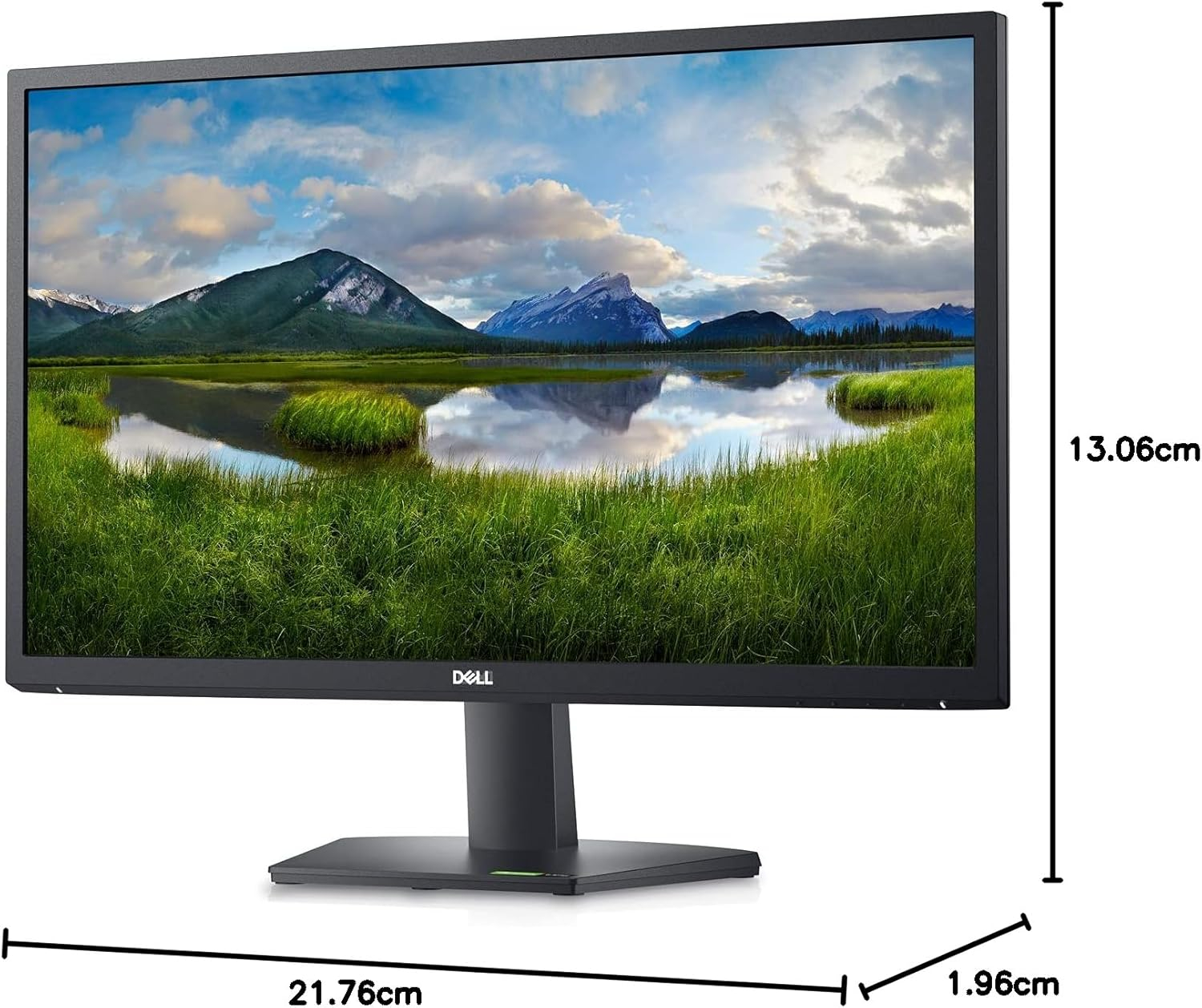 Dell monitor displaying a landscape, dimensions 21.76cm x 13.06cm x 1.96cm