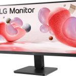 LG monitor displaying colorful abstract design with pink and red hues, on a sleek black stand