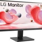 LG monitor with a colorful abstract background featuring spheres and swirls, displaying vibrant hues and shapes