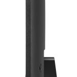 Side profile of a sleek black computer monitor on a stand, highlighting its slim modern design
