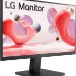 LG monitor with artistic pink and purple abstract design on screen, emphasizing modern technology and vibrant display
