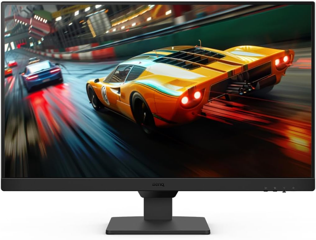 Monitor displaying a racing game with a yellow sports car speeding on a wet track