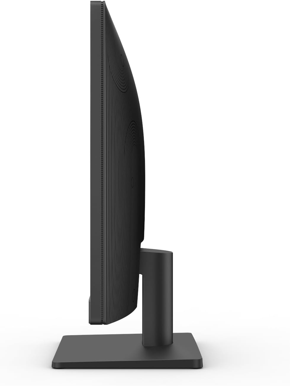 Side view of a sleek computer monitor with a black stand, featuring a minimalist design