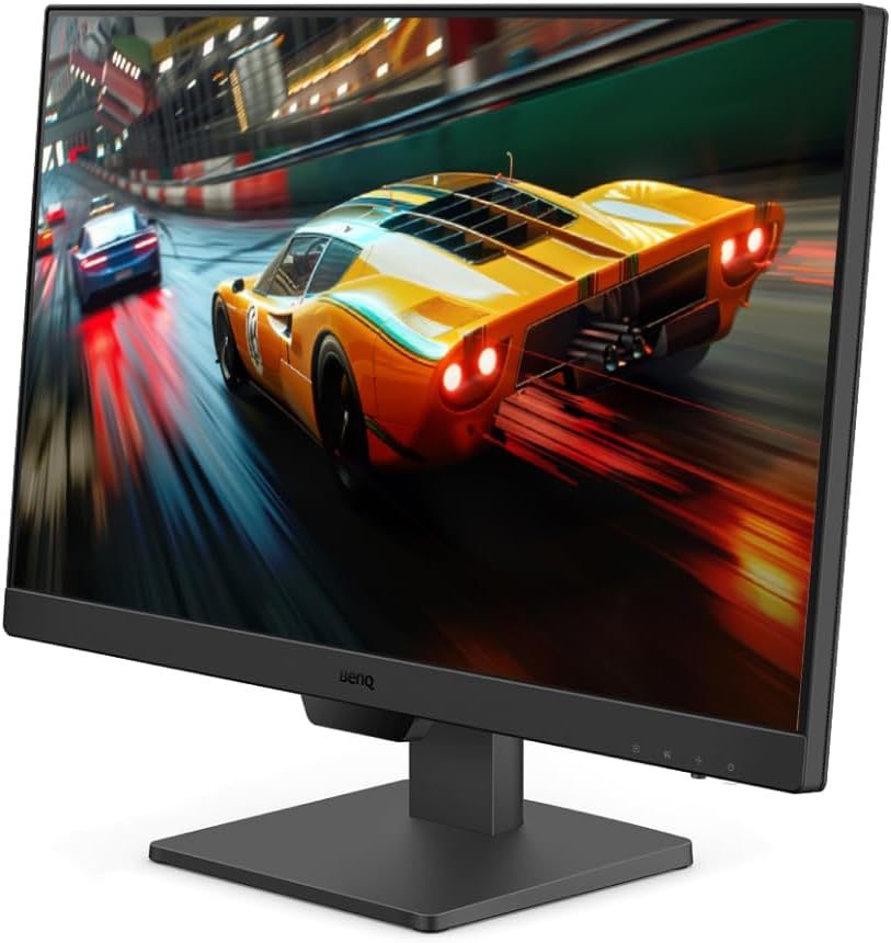 BenQ monitor displaying a dynamic car racing game with vivid graphics