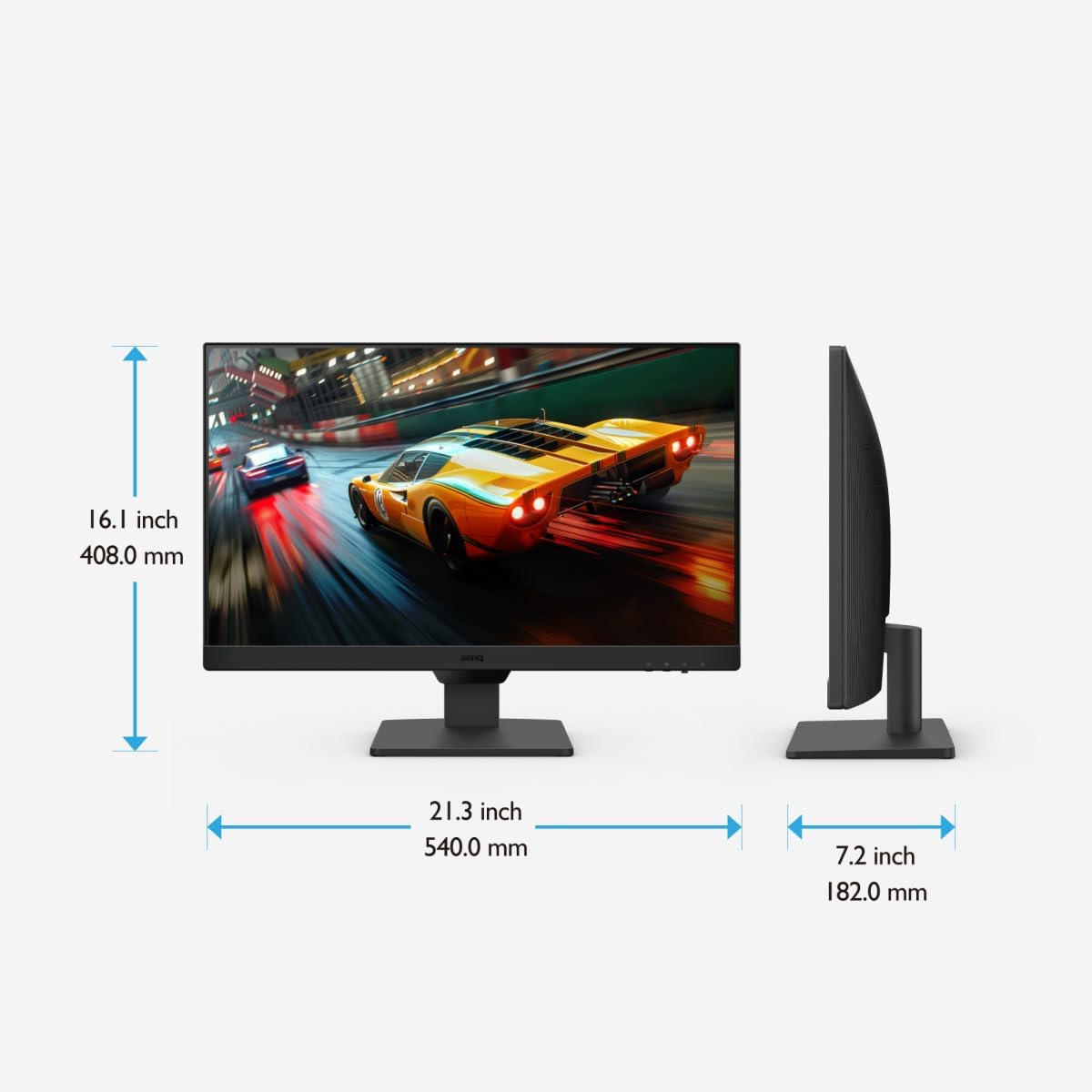27-inch gaming monitor displaying a racing game, dimensions: 21.3 x 16.1 x 7.2, side and front view