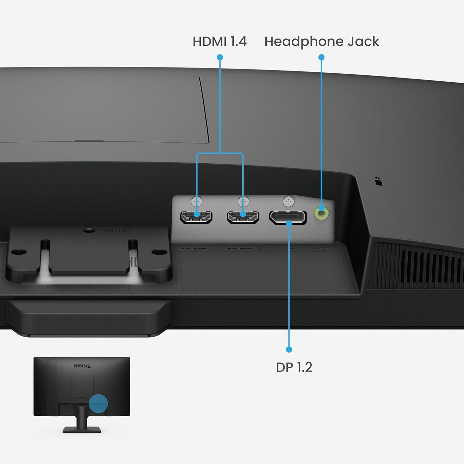 Back panel of a monitor showing HDMI 1.4, headphone jack, and DP 1.2 ports for connectivity options