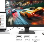 Laptop, monitor, and gaming console setup with connectivity ports: HDMI, DP, headphone jack