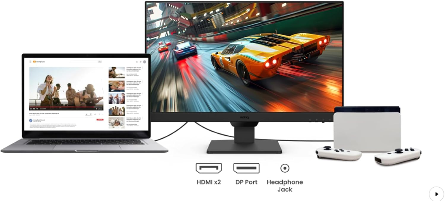 Laptop, monitor, and gaming console setup with connectivity ports: HDMI, DP, headphone jack