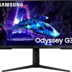 Samsung Odyssey G3 gaming monitor with futuristic spaceship graphic on screen