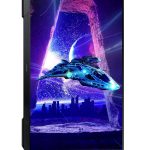 Futuristic spaceship flying on a vibrant gaming monitor display with a cosmic backdrop