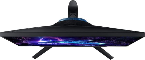 Futuristic curved gaming monitor with vibrant screen, viewed from above