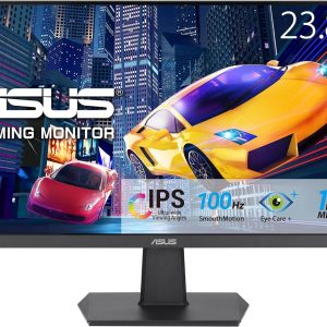 ASUS 23.8 Gaming Monitor with IPS, 100Hz, 1ms, smooth motion, and eye care features, displayed with fast cars