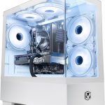 High-performance gaming PC with LED cooling fans and NVIDIA GeForce RTX graphics card in a sleek white case