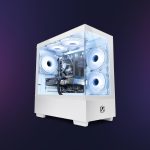 White gaming PC with LED cooling fans and advanced graphics card against a dark gradient background