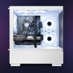 White gaming PC case with glowing fans, Intel CPU cooler, and GeForce RTX graphics card on a dark background