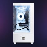 Sleek white gaming PC with illuminated cooling fans in a modern case, showcasing its advanced technology setup