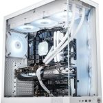 White gaming PC build with glowing fans, GeForce RTX graphics, and glass side panel for optimal cooling and performance