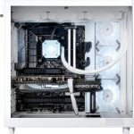 Gaming PC interior with GeForce RTX graphics card, TUF Gaming motherboard, and liquid cooling in a white NZXT case