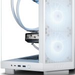 White NZXT PC case with transparent panel and LED cooling fans, showcasing front USB and power ports