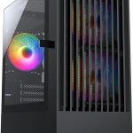 Black computer case with RGB fans and tempered glass side panel, showcasing modern gaming PC design