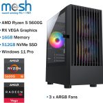 Gaming PC with AMD Ryzen 5 5600G, RX VEGA, 16GB RAM, 512GB SSD, Windows 11 Pro, and ARGB fans from Mesh Computers