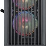 RGB computer case with cooling fans behind a black grille, showcasing vibrant colors. Ideal for gaming setups