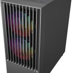Sleek gray PC case with front RGB lighting and ventilation, perfect for gaming and high-performance computing setups