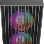 Modern PC case with RGB lighting and front panel design for gaming setups