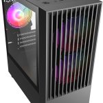Sleek gaming PC case with RGB lighting, showcasing modern design and efficient cooling through front panel vents