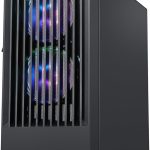 Sleek black computer tower with RGB lighting and vertical vent design for enhanced cooling and modern aesthetics