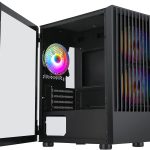 Open black PC case with RGB LED fans and tempered glass panel, showcasing expandable computer hardware setup